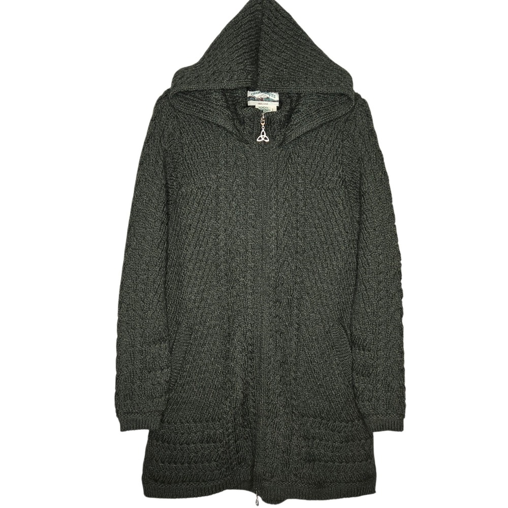 Aran Crafts Ireland 100% Merino Wool Hooded Cardigan Sweater Coat Green L